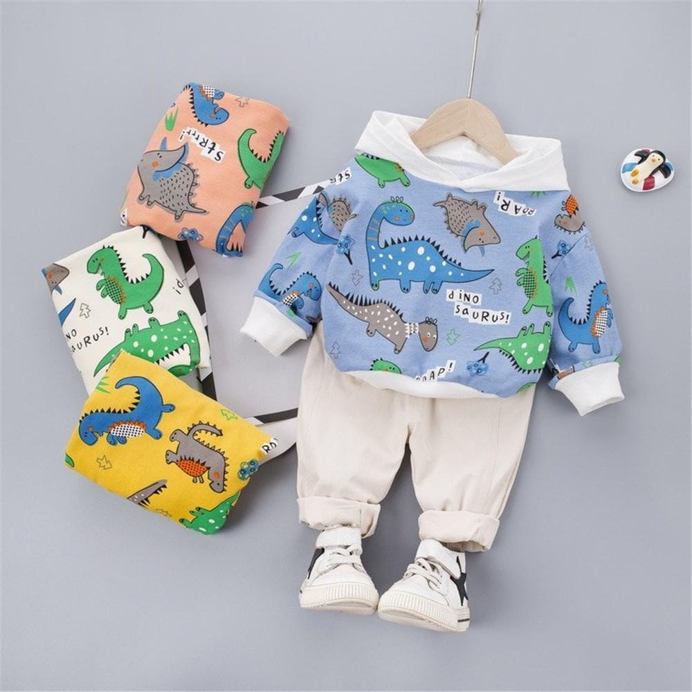 Boys Hooded Long Sleeve Dino Animal Printed Top & Pants - PrettyKid