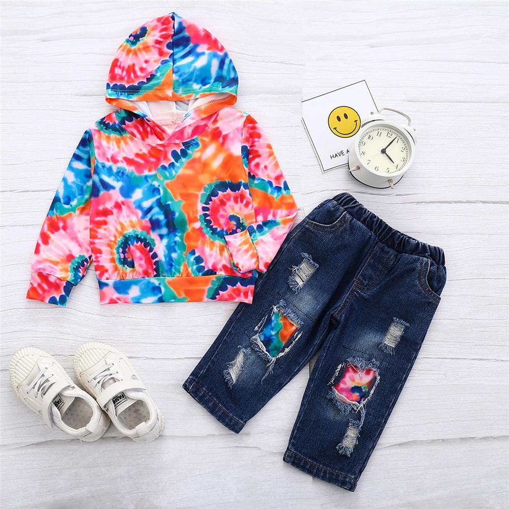 Girls Hooded Long Sleeve Tie Dye Top & Patch Jeans Girls Wholesale - PrettyKid