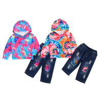 Girls Hooded Long Sleeve Tie Dye Top & Patch Jeans Girls Wholesale - PrettyKid