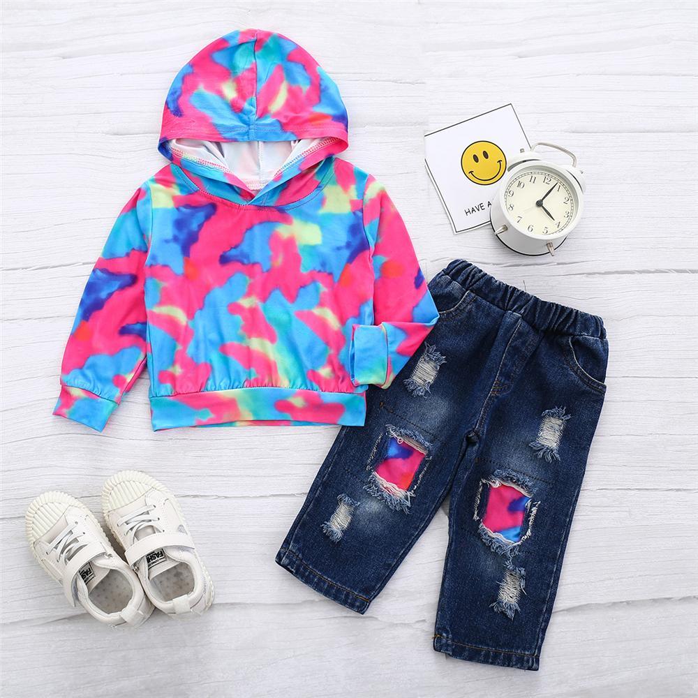 Girls Hooded Long Sleeve Tie Dye Top & Patch Jeans Girls Wholesale - PrettyKid