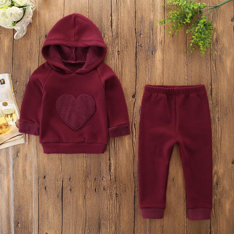 Baby Girls Hooded Solid Heart Long Sleeve Top & Pants Wholesale Girls - PrettyKid