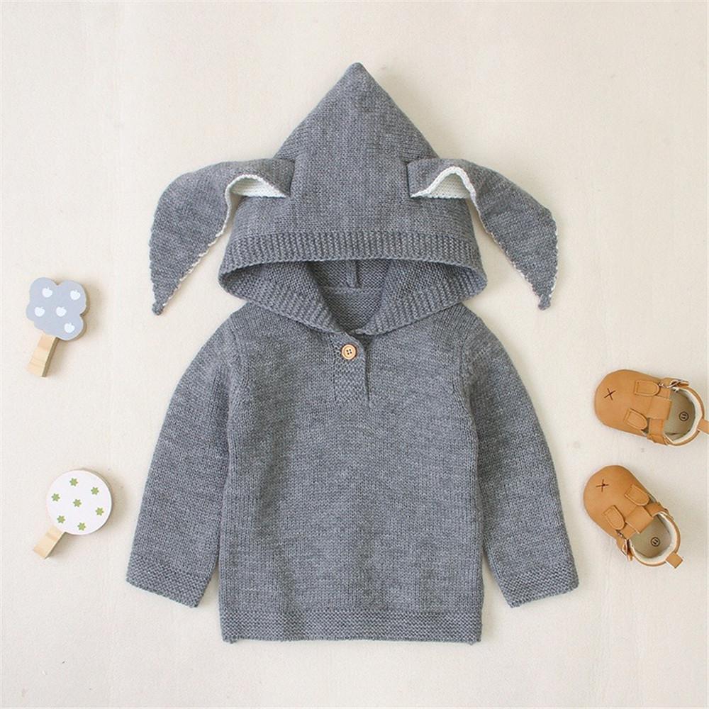 Baby Hooded Solid Long Sleeve Rabbit Ear Sweaters - PrettyKid