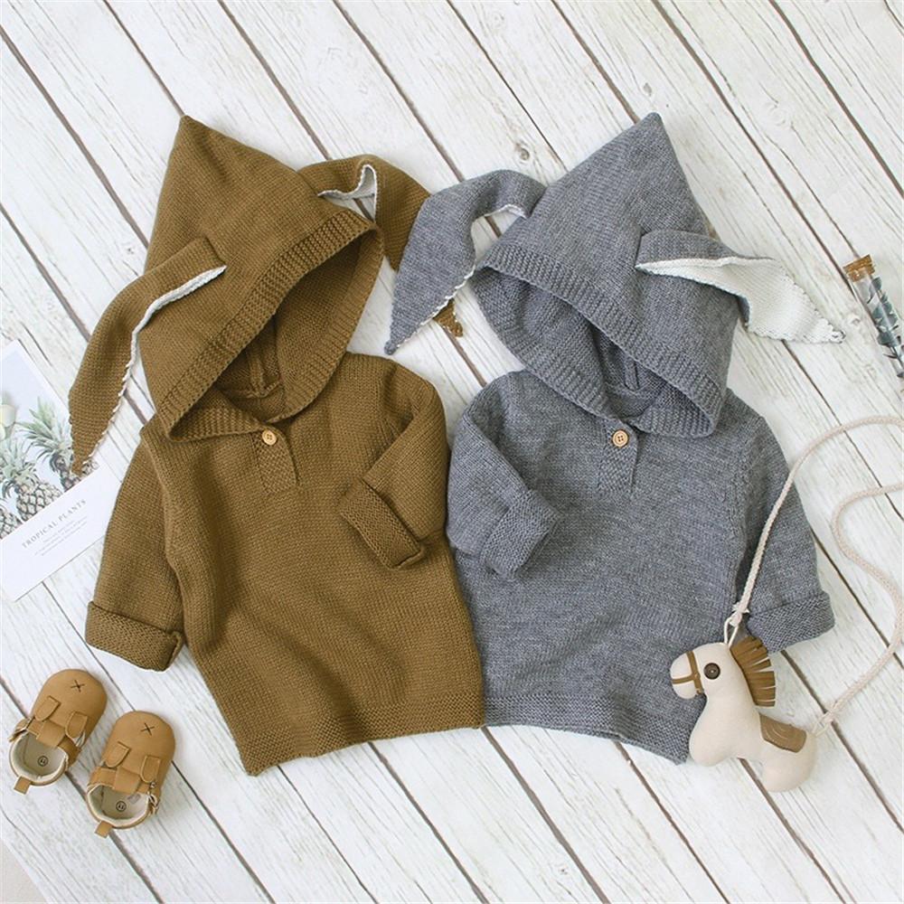 Baby Hooded Solid Long Sleeve Rabbit Ear Sweaters - PrettyKid