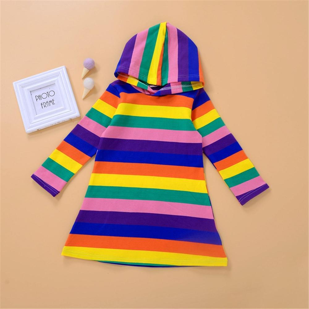 Girls Hoodie Raibow Striped Long Sleeve Dress Girl Wholesale - PrettyKid