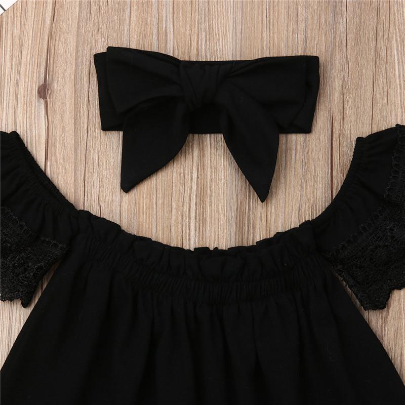 Toddler Girl One Word Collar Lace Dress Black Princess Dress &Headband - PrettyKid