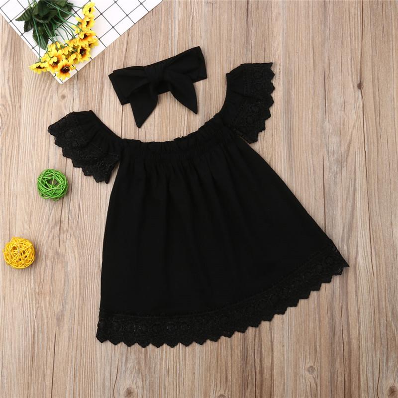 Toddler Girl One Word Collar Lace Dress Black Princess Dress &Headband - PrettyKid