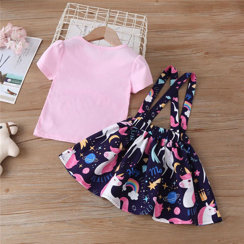 Girls I Believe In Unicorn Printed Short Sleeve Top & Cartoon Suspender Skirt Wholesale Girl Clothing - PrettyKid