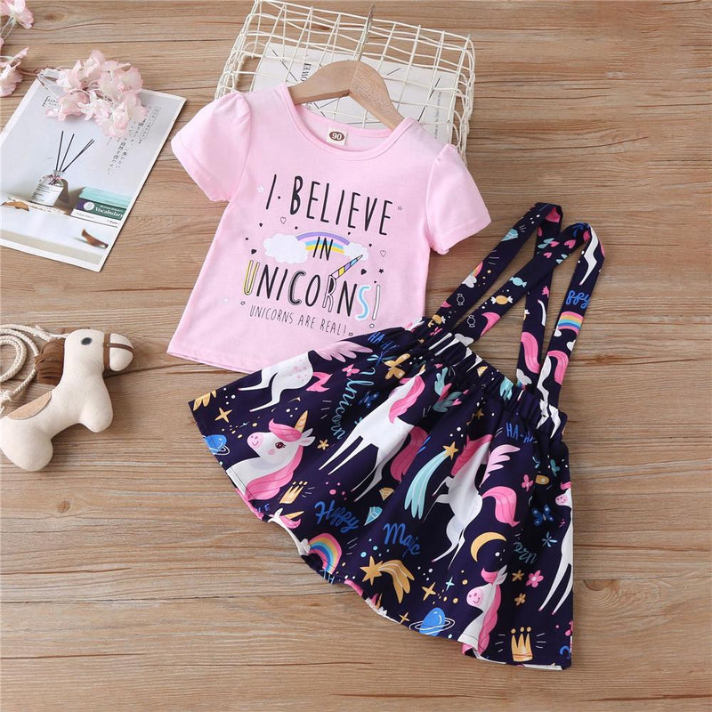 Girls I Believe In Unicorn Printed Short Sleeve Top & Cartoon Suspender Skirt Wholesale Girl Clothing - PrettyKid
