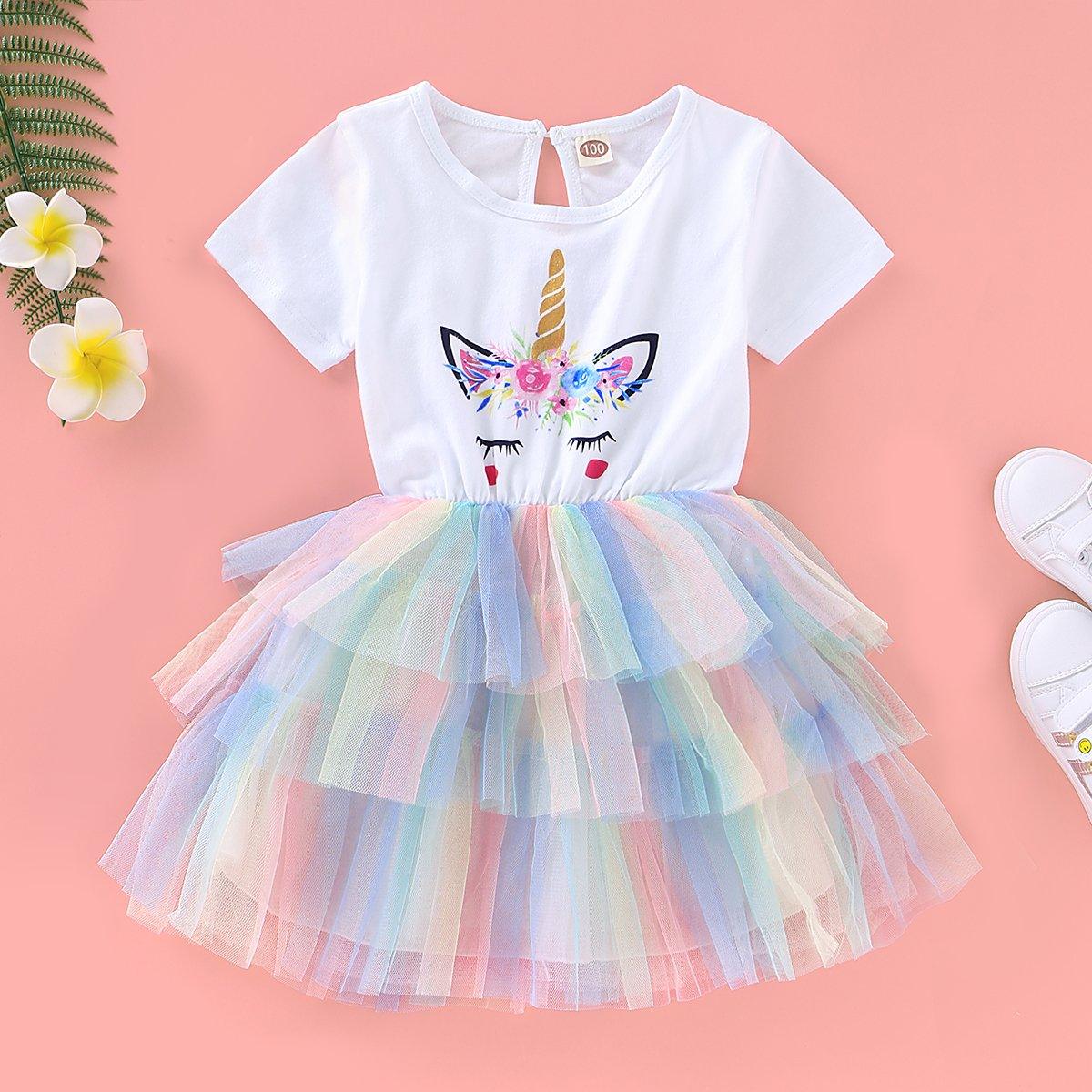 Baby Girl's Short Sleeve Unicorn Rainbow Princess Mesh Dress - PrettyKid