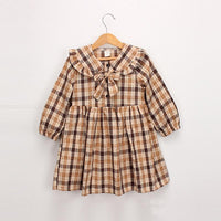 Girls Plaid Doll Collar Long Sleeve Dress Preppy Style Princess Skirt - PrettyKid