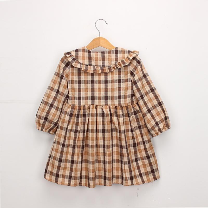 Girls Plaid Doll Collar Long Sleeve Dress Preppy Style Princess Skirt - PrettyKid