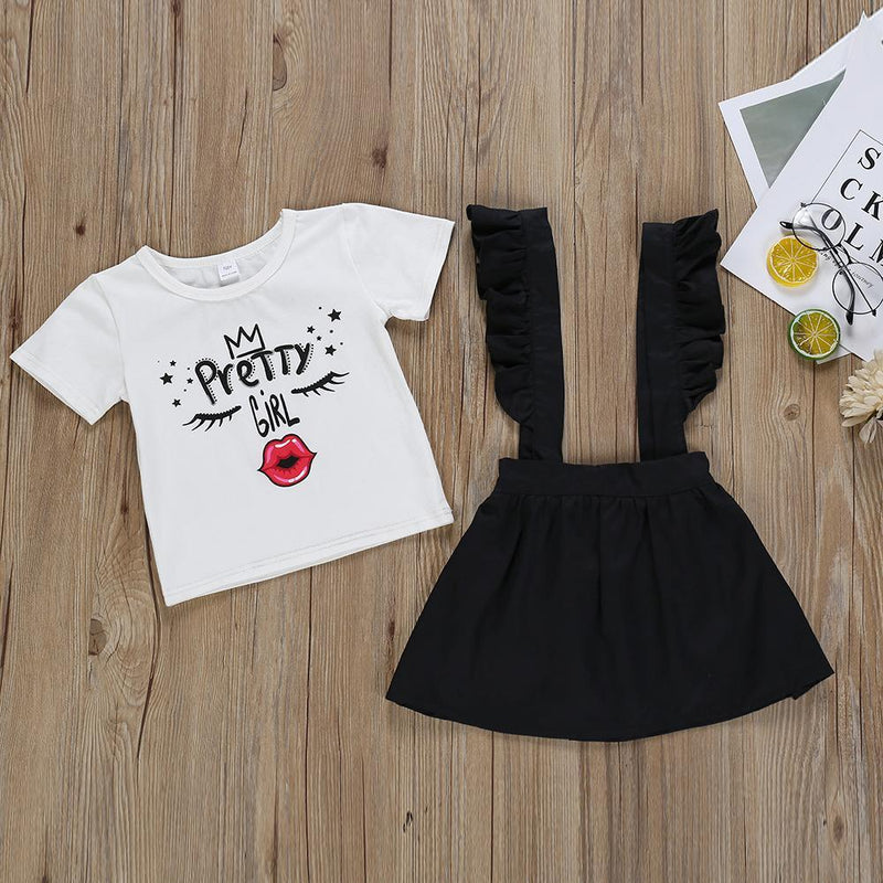 Toddler Girl Cute Eyes Short Sleeve T-Shirt Top Strap Short Skirt - PrettyKid