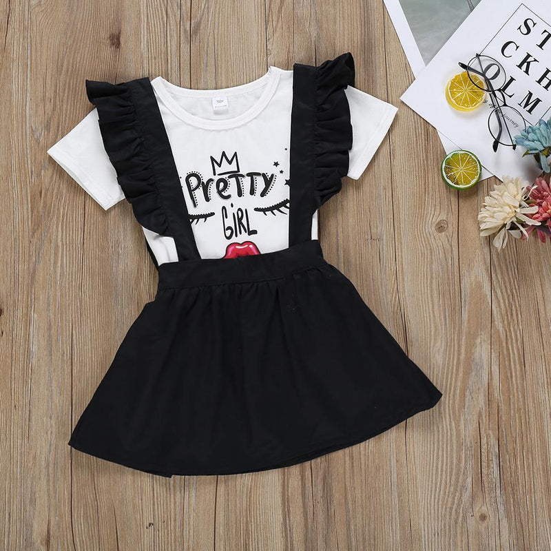 Toddler Girl Cute Eyes Short Sleeve T-Shirt Top Strap Short Skirt - PrettyKid