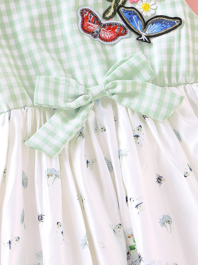 Baby Girls Plaid Floral Butterfly Embroidery Dress - PrettyKid