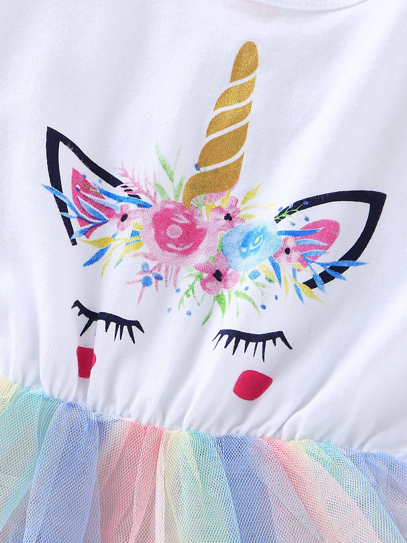 Baby Girl's Short Sleeve Unicorn Rainbow Princess Mesh Dress - PrettyKid
