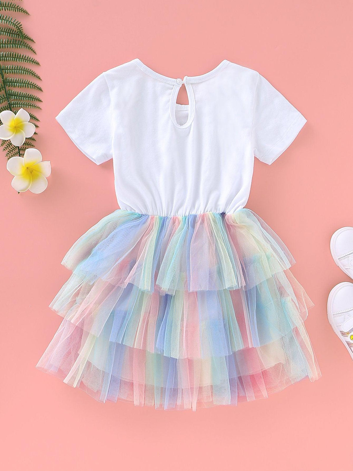 Baby Girl's Short Sleeve Unicorn Rainbow Princess Mesh Dress - PrettyKid