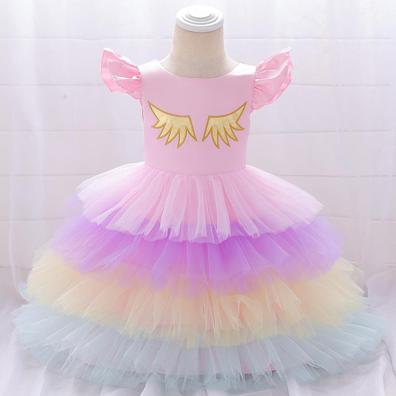 Girl Flying Sleeve Unicorn Colorful Tutu Dress - PrettyKid