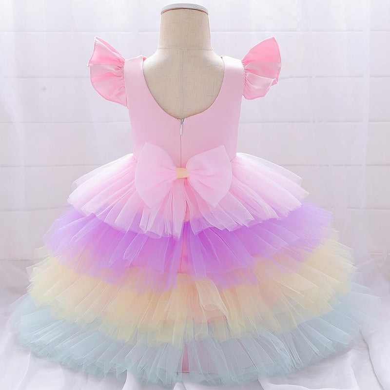 Girl Flying Sleeve Unicorn Colorful Tutu Dress - PrettyKid