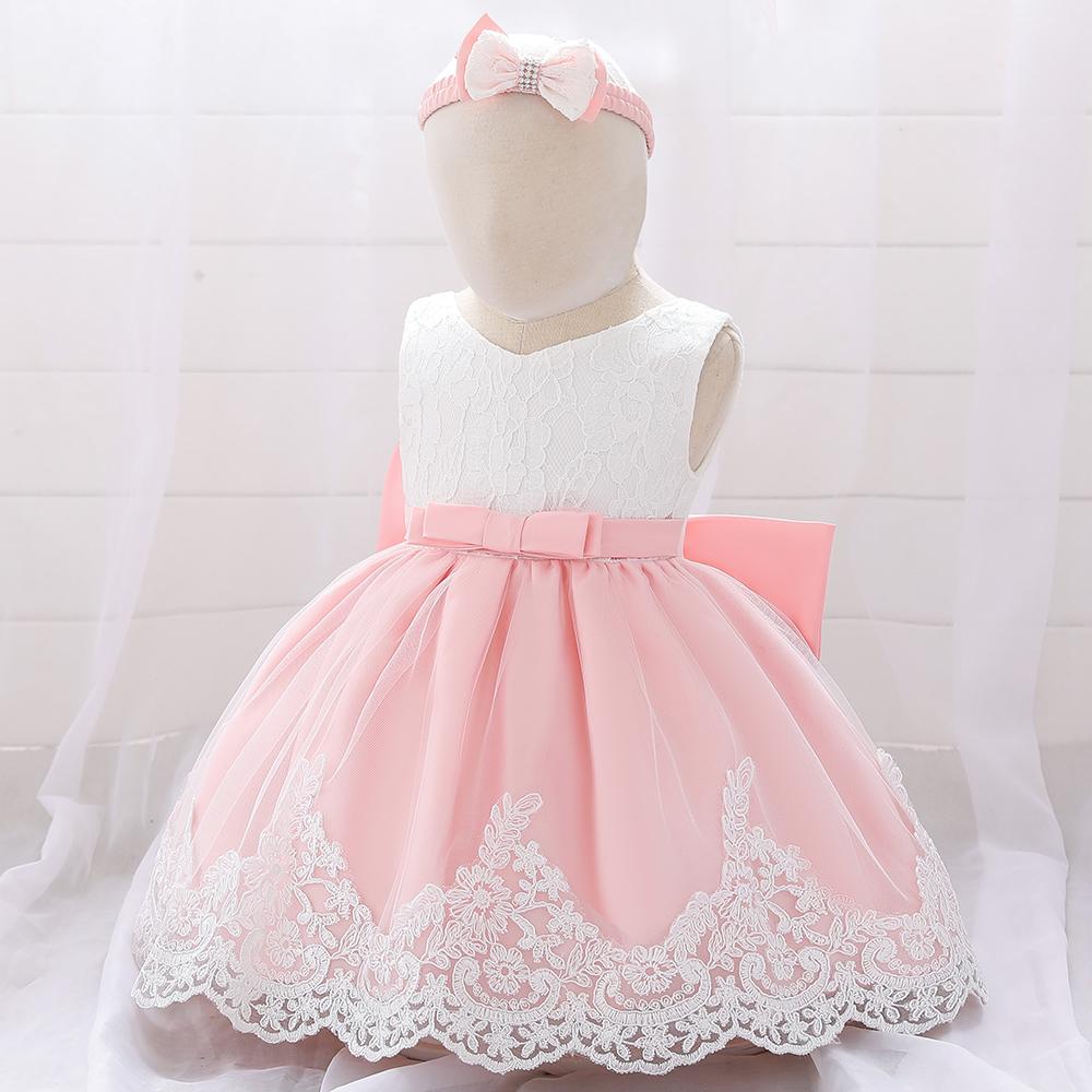 Baby Girl Princess Bow Lace Dress With Hair Band - PrettyKid