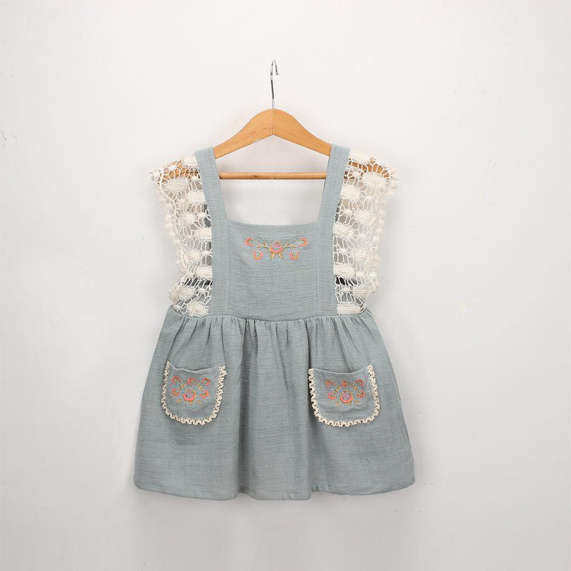 Toddler Girl Flower Embroidery Back Belt Skirt Lace Cotton Linen Dress - PrettyKid