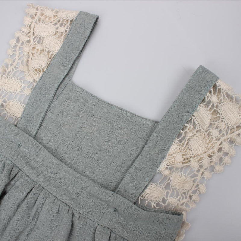 Toddler Girl Flower Embroidery Back Belt Skirt Lace Cotton Linen Dress - PrettyKid