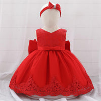 Baby Girl Princess Bow Lace Dress With Hair Band - PrettyKid