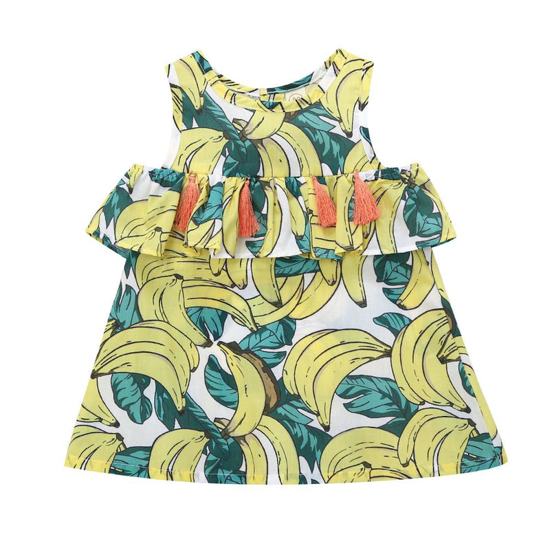 Girls Cute Cartoon Fruit Print Ruffled Dress - PrettyKid