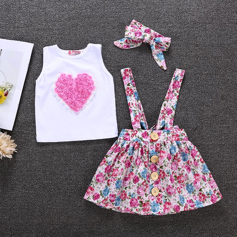 Toddler Girls 3-Piece Sleeveless Top Floral Fresh Short Skirt - PrettyKid