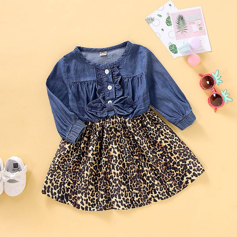 Toddler Girls Long Sleeve Denim Top Leopard Print Dress - PrettyKid