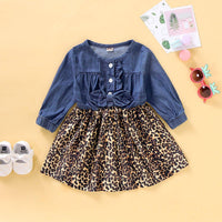 Toddler Girls Long Sleeve Denim Top Leopard Print Dress - PrettyKid