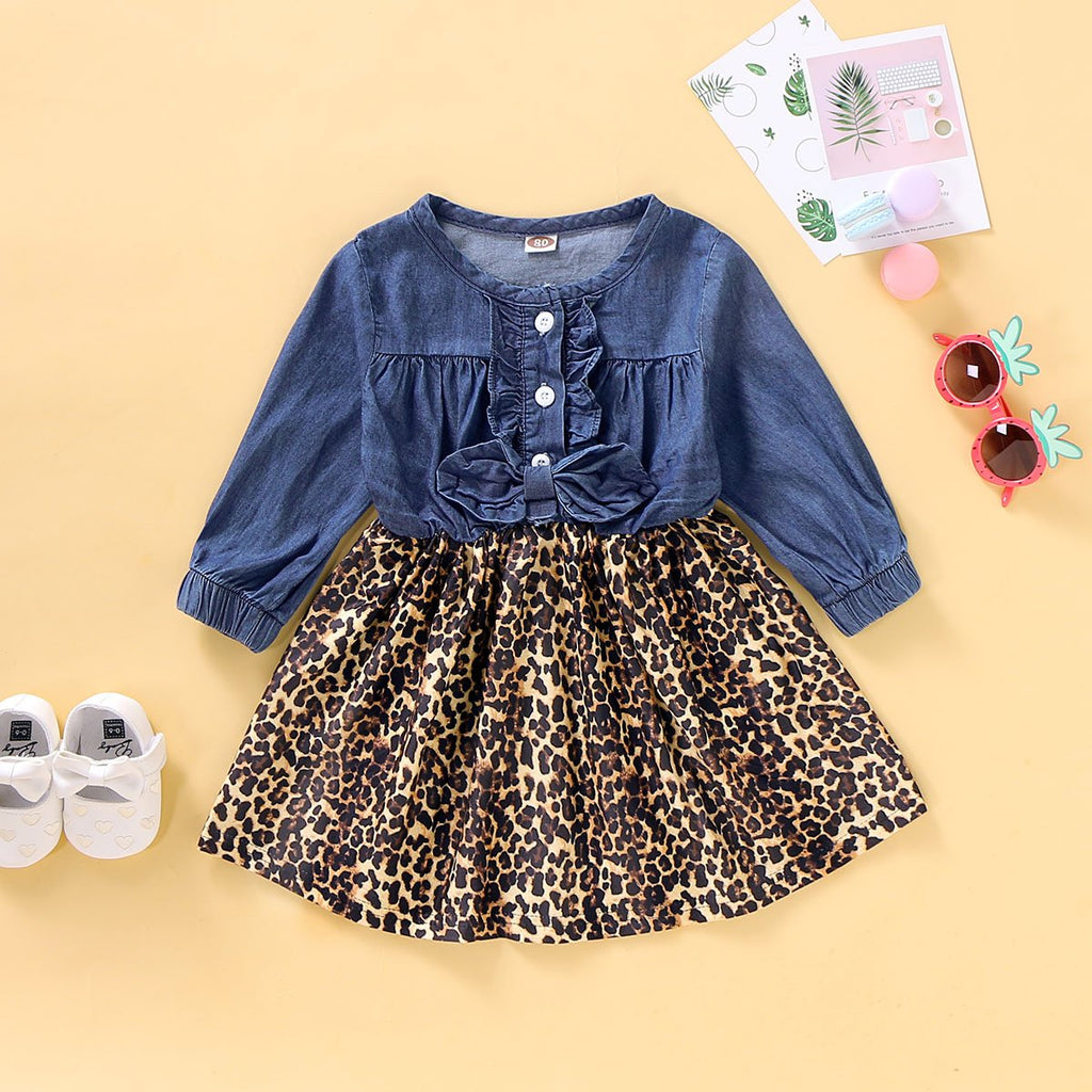 Toddler Girls Long Sleeve Denim Top Leopard Print Dress - PrettyKid