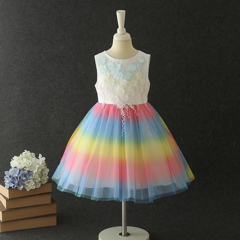 Girl Flower Lace Rainbow Skirt Princess Tutu Wedding Dress - PrettyKid