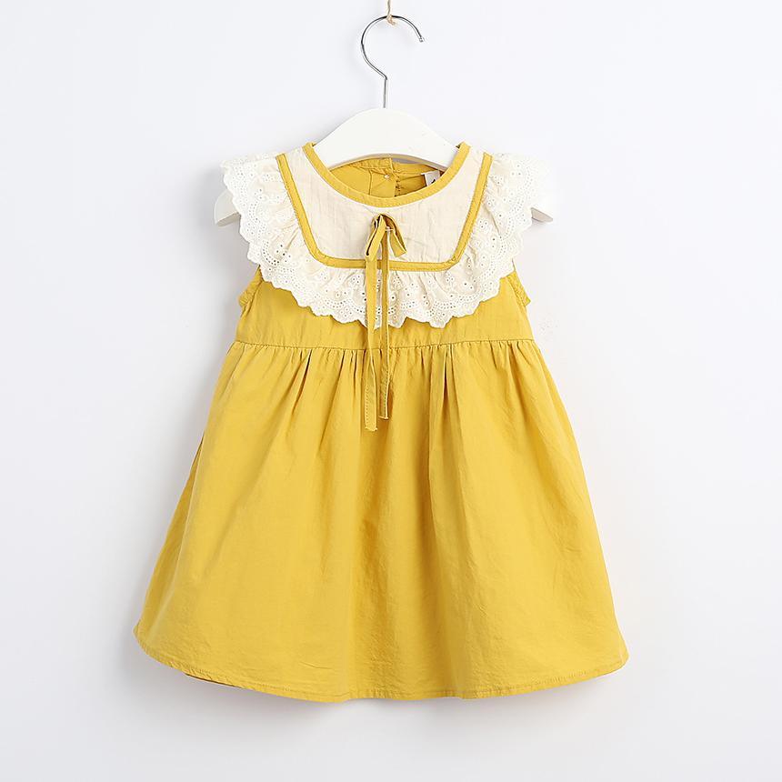 Toddler Girls Cotton Contrast Color Princess Skirt Bow Lace Dress - PrettyKid