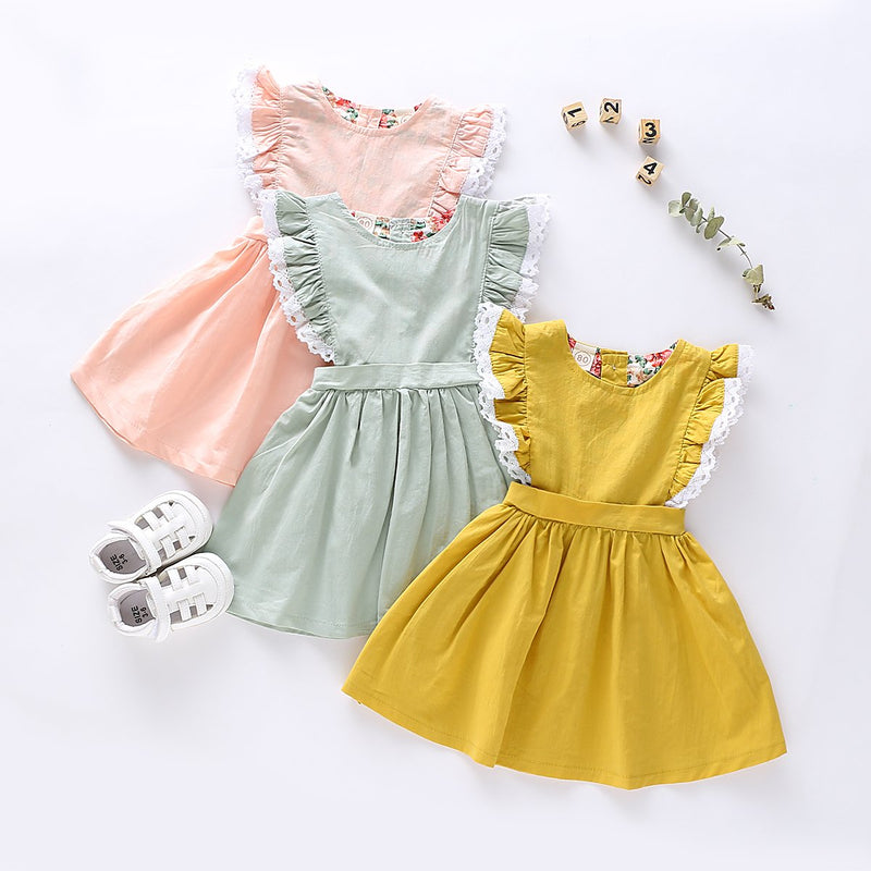 Toddler Girls Solid Color Lace Fly Sleeve Dress - PrettyKid