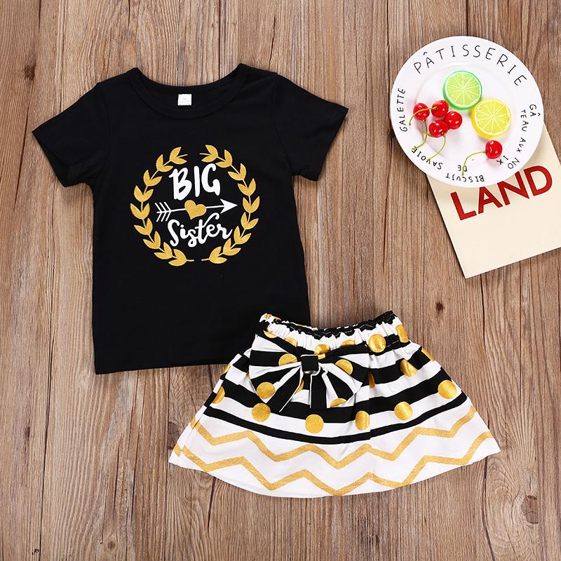 Fashionable Black Print Top & Bow Striped Polka Dot Skirt - PrettyKid