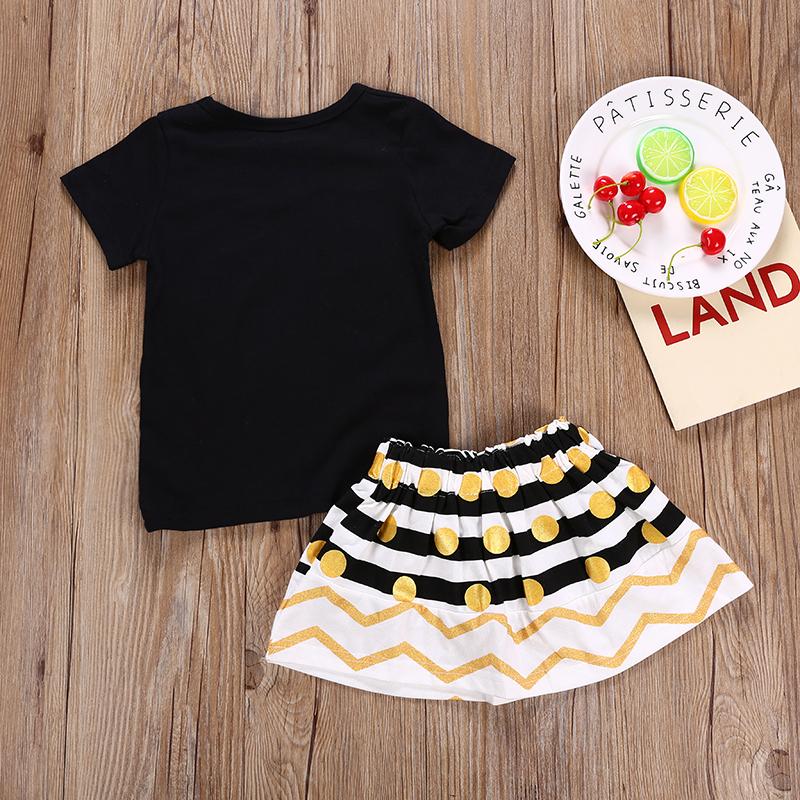 Fashionable Black Print Top & Bow Striped Polka Dot Skirt - PrettyKid