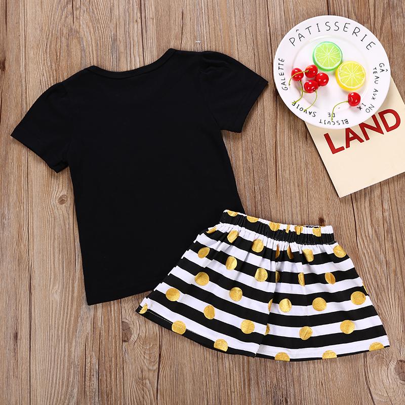 Fashionable Black Print Top & Striped Polka Dot Skirt - PrettyKid