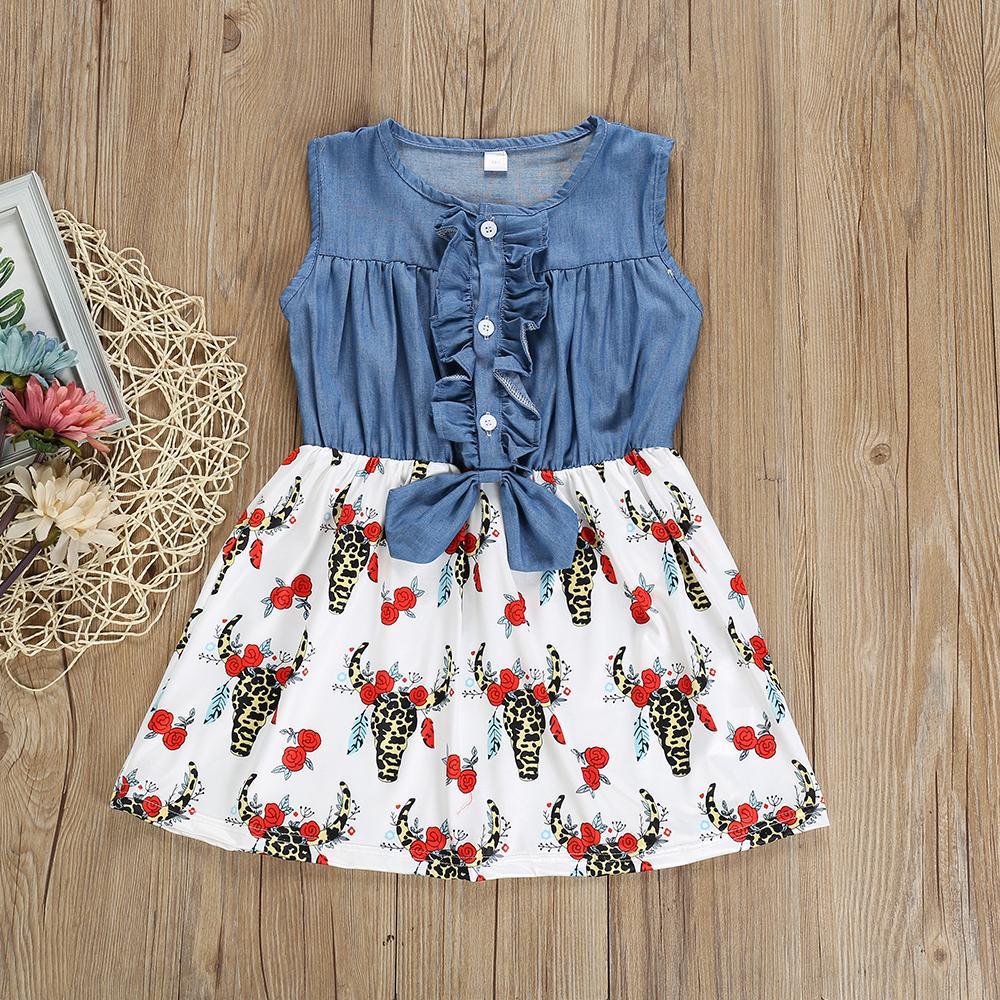 Fashionable Girls Deer Head Print Denim Bow Dress - PrettyKid