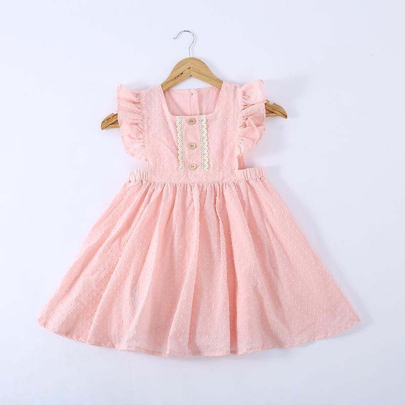 Girls Pure Cotton Pleated Skirt Solid Color Fly Sleeve Princess Dress - PrettyKid