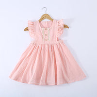 Girls Pure Cotton Pleated Skirt Solid Color Fly Sleeve Princess Dress - PrettyKid