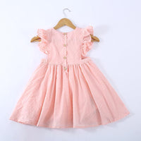 Girls Pure Cotton Pleated Skirt Solid Color Fly Sleeve Princess Dress - PrettyKid