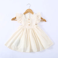 Girls Pure Cotton Pleated Skirt Solid Color Fly Sleeve Princess Dress - PrettyKid