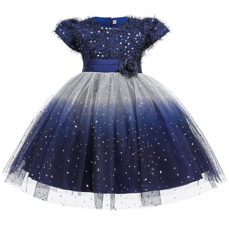 Girls' Prom Dress Princess Dress Sequin Mesh Starry Contrast Dress - PrettyKid