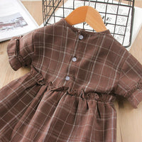 Toddler Girls Short Sleeve Pleated Plaid Dress Princess Dress - PrettyKid