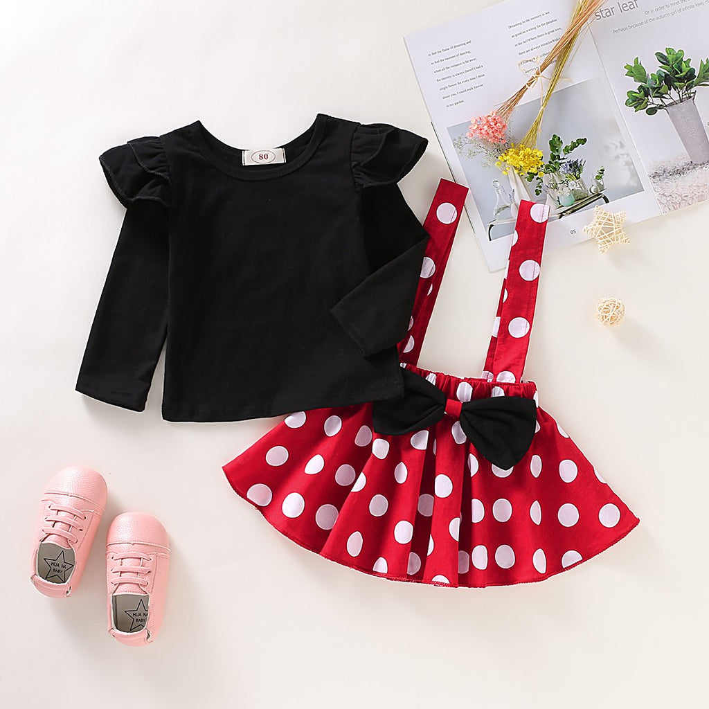 Toddler Girls 2-Piece Solid Color Top Polka Dot Suspender Skirt - PrettyKid