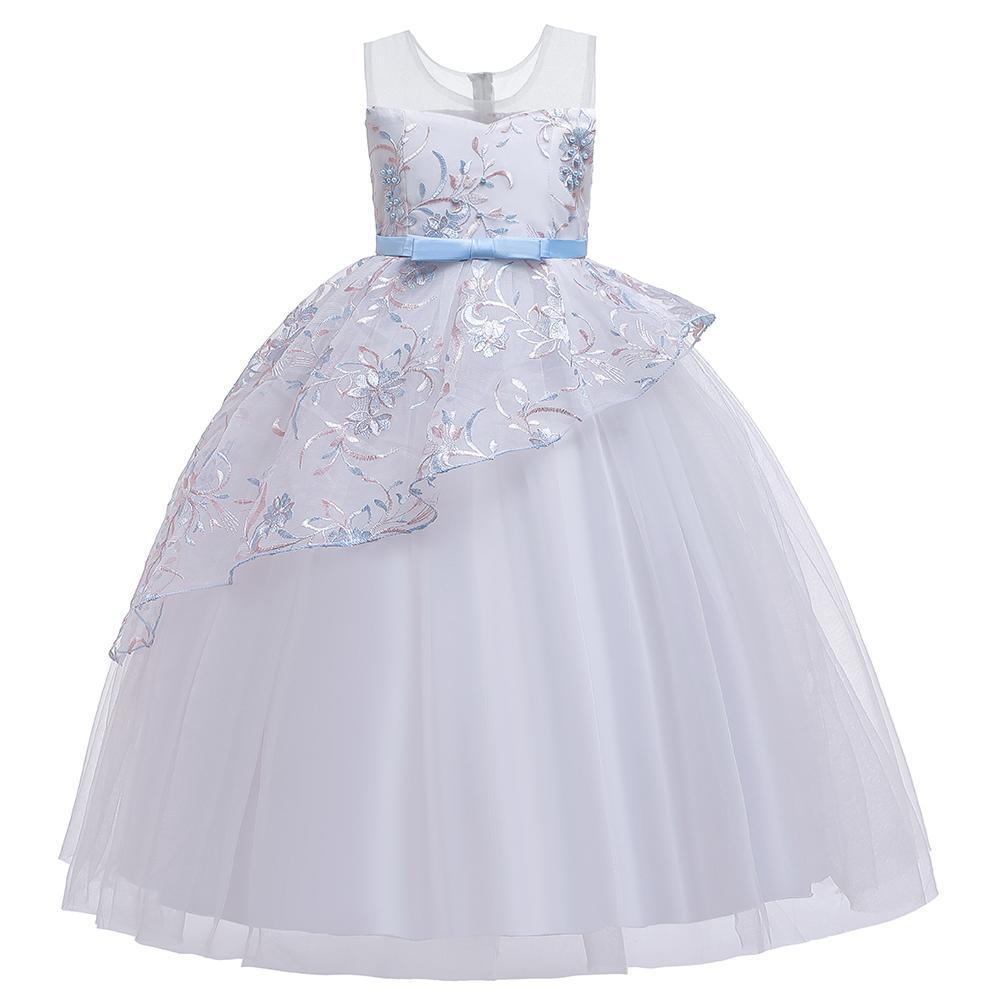 Girls' Wedding Dress Skirts Embroidered Long Dress Bow Princess Dress - PrettyKid