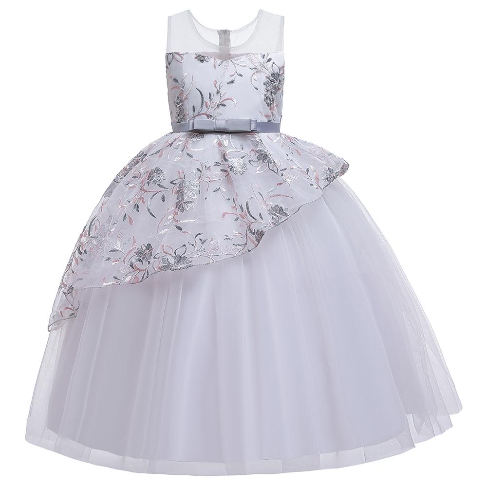 Girls' Wedding Dress Skirts Embroidered Long Dress Bow Princess Dress - PrettyKid