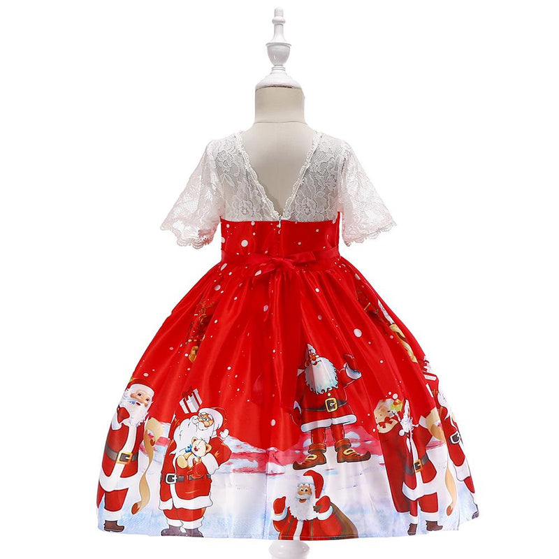 Girls Christmas Dress Print Santa Tutu Skirt Lace Princess Dress - PrettyKid