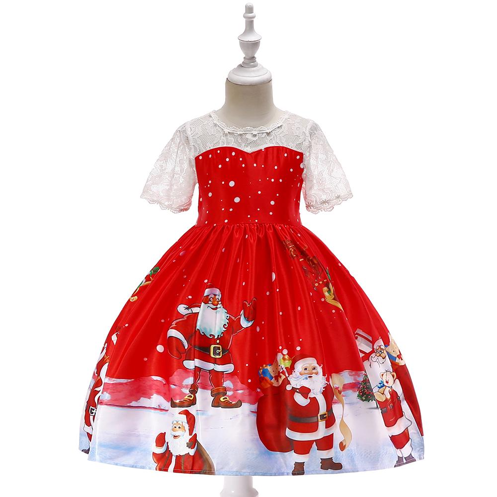 Girls Christmas Dress Print Santa Tutu Skirt Lace Princess Dress - PrettyKid
