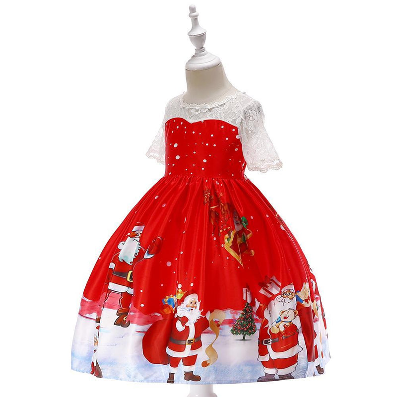 Girls Christmas Dress Print Santa Tutu Skirt Lace Princess Dress - PrettyKid